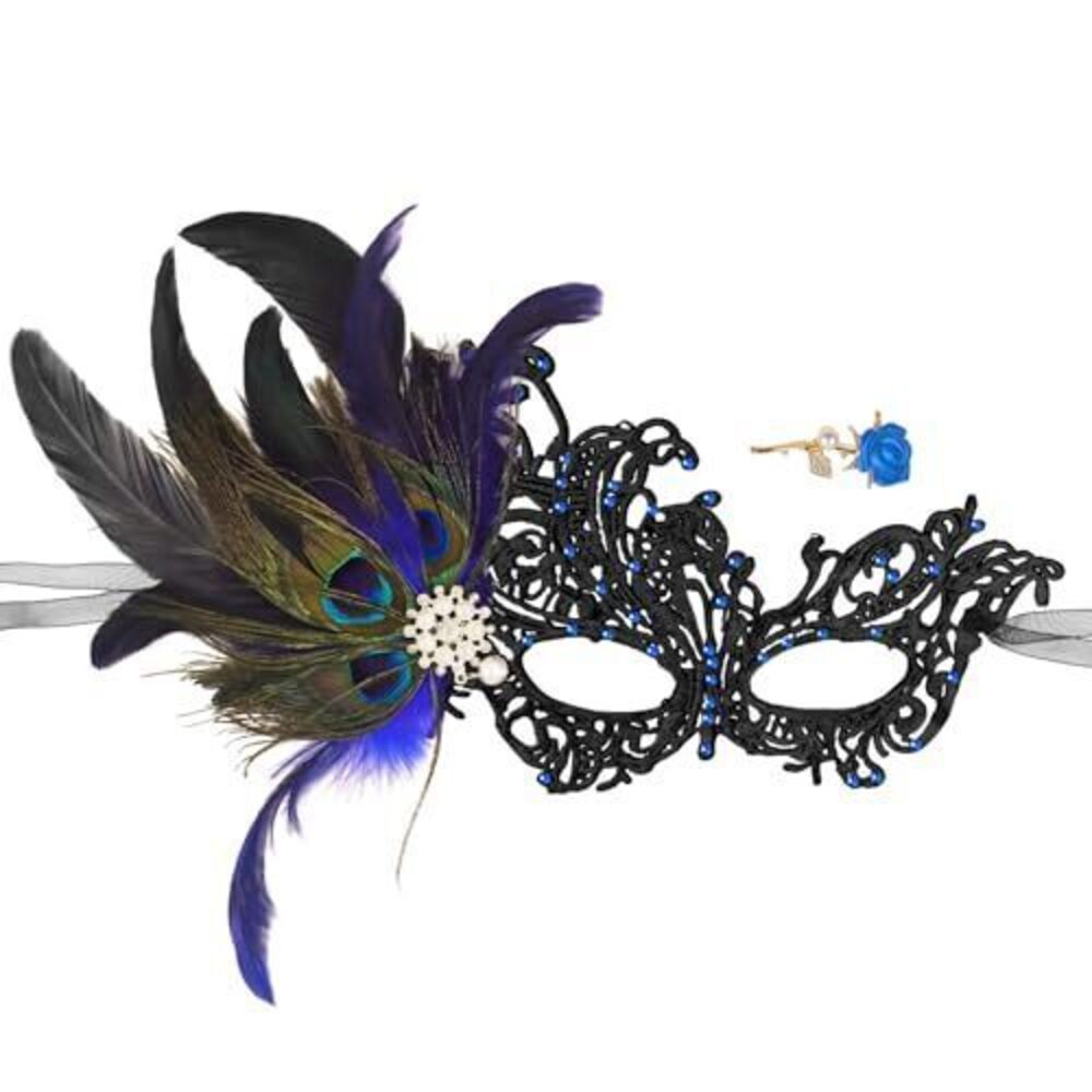 4438 Masquerade Mask Feather Lace Mask with Brooch Shiny Rhinestone